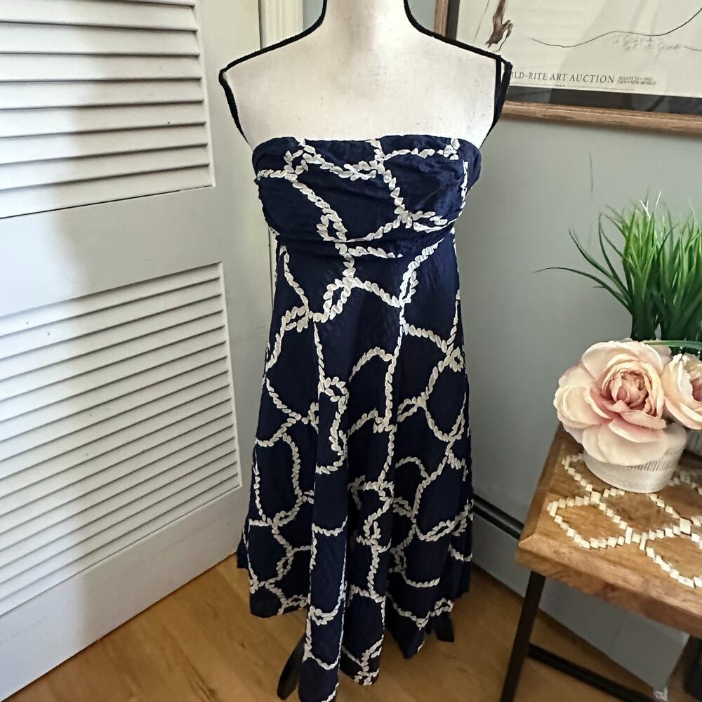 J Crew Dress 4 Navy Blue Strapless Midi Coastal Feminine Coquette Party Brunch